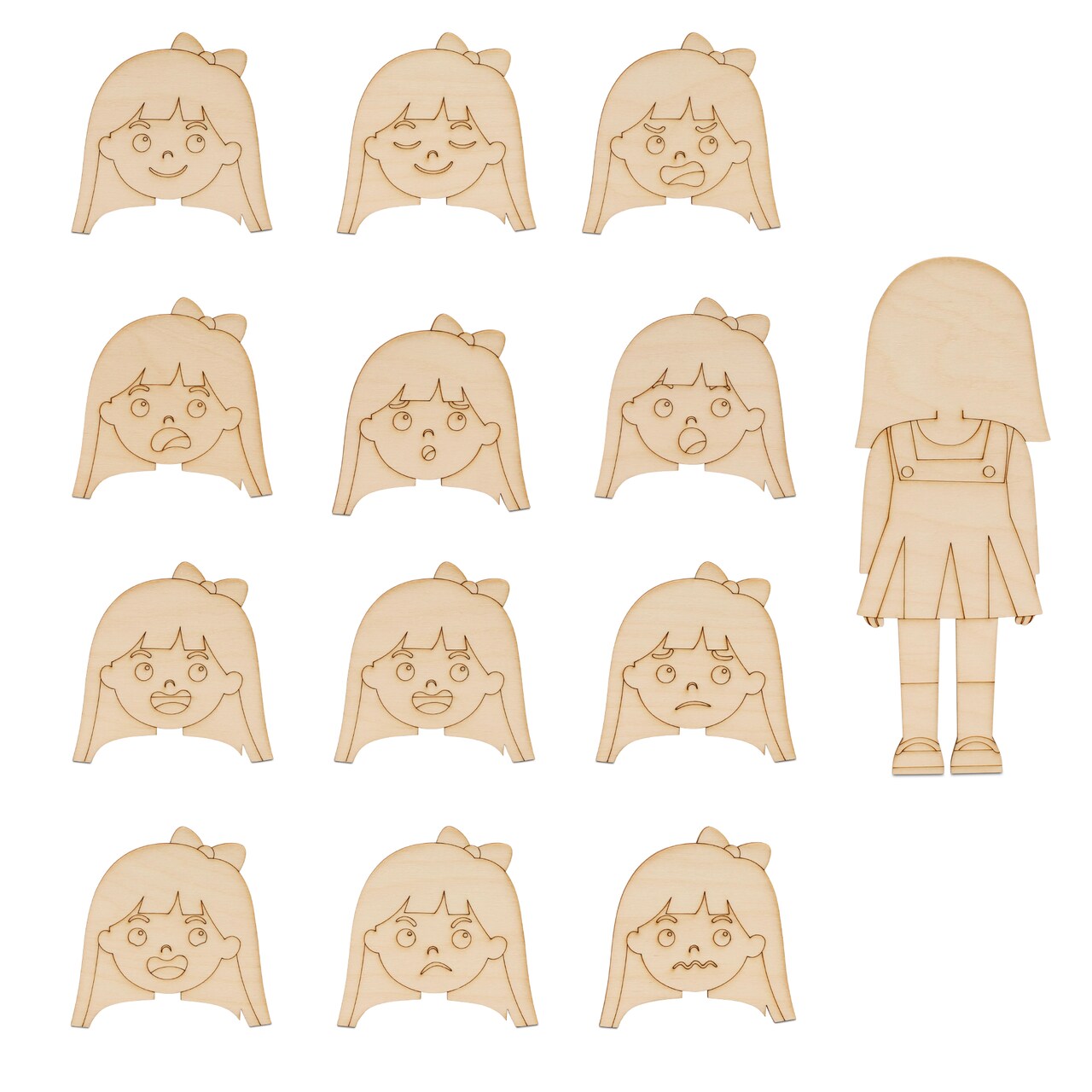 Emotion Faces Cutouts Girl 10”, Set of 13 Feeling Cards for Kids | Woodpeckers